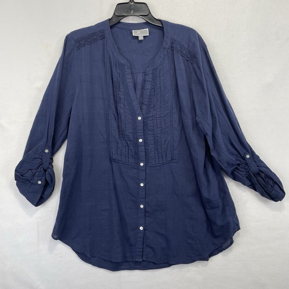 JM Collection XL Blue‎ 3/4 Sleeve Button Down Top Blouse